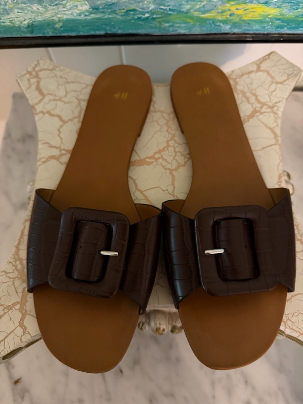 H&M Dark Brown Croc-Embossed Buckle Slide Mules